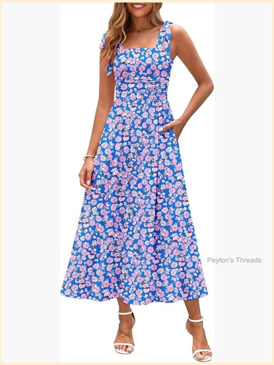 Dresses & Skirts - Spaghetti Strap Floral Maxi Dress with Pockets Smocked Back Adjustable Straps